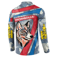 Mongolia Button Sweatshirt with Tribal Wolf Clouds Red Blue Flag Spirit