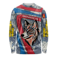 Unisex long-sleeve shirt with multicolor wolf face graphic and red blue flag stripes