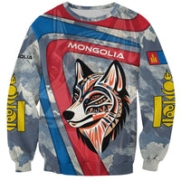Multicolor crewneck sweatshirt with wolf graphic, red panel, long sleeves