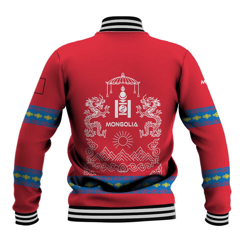 Mongolia Baseball Jacket with Soyombo Dragon Sun Red Blue Tradition Spirit