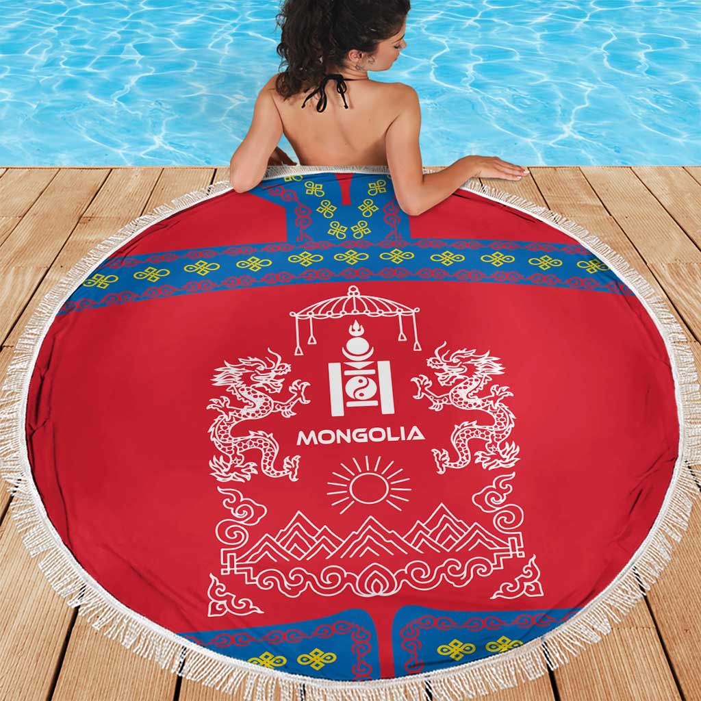 Mongolia Beach Blanket with Soyombo Dragon Sun Red Blue Tradition Spirit