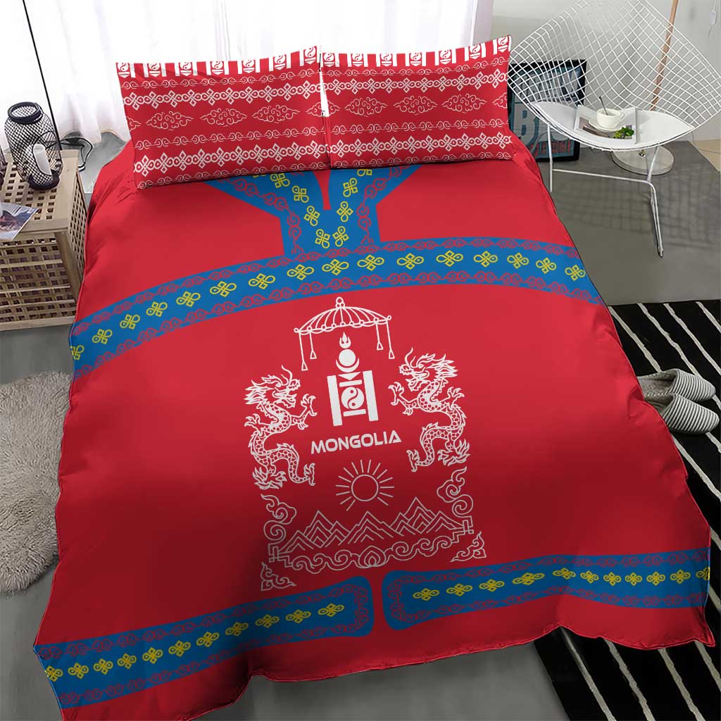 Mongolia Bedding Set with Soyombo Dragon Sun Red Blue Tradition Spirit