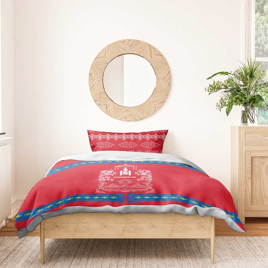 Mongolia Bedding Set with Soyombo Dragon Sun Red Blue Tradition Spirit