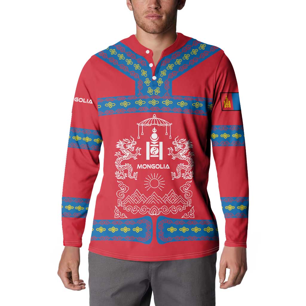 Mongolia Button Sweatshirt with Soyombo Dragon Sun Red Blue Tradition Spirit
