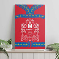 Red canvas wall art, front view, Soyombo sun-and-dragon emblem with blue border patterns.