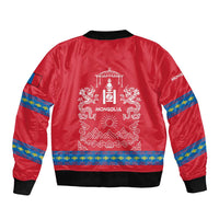 Red bomber jacket back with blue trim, large sun and crest graphic, ribbed hem and cuffs