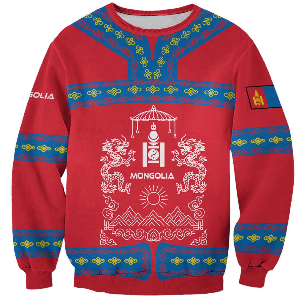 Mongolia Sweatshirt with Soyombo Dragon Sun Red Blue Tradition Spirit