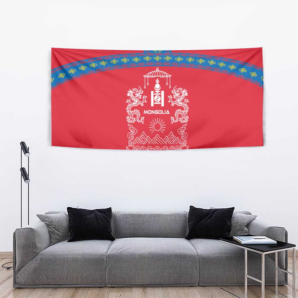 Mongolia Tapestry with Soyombo Dragon Sun Red Blue Tradition Spirit