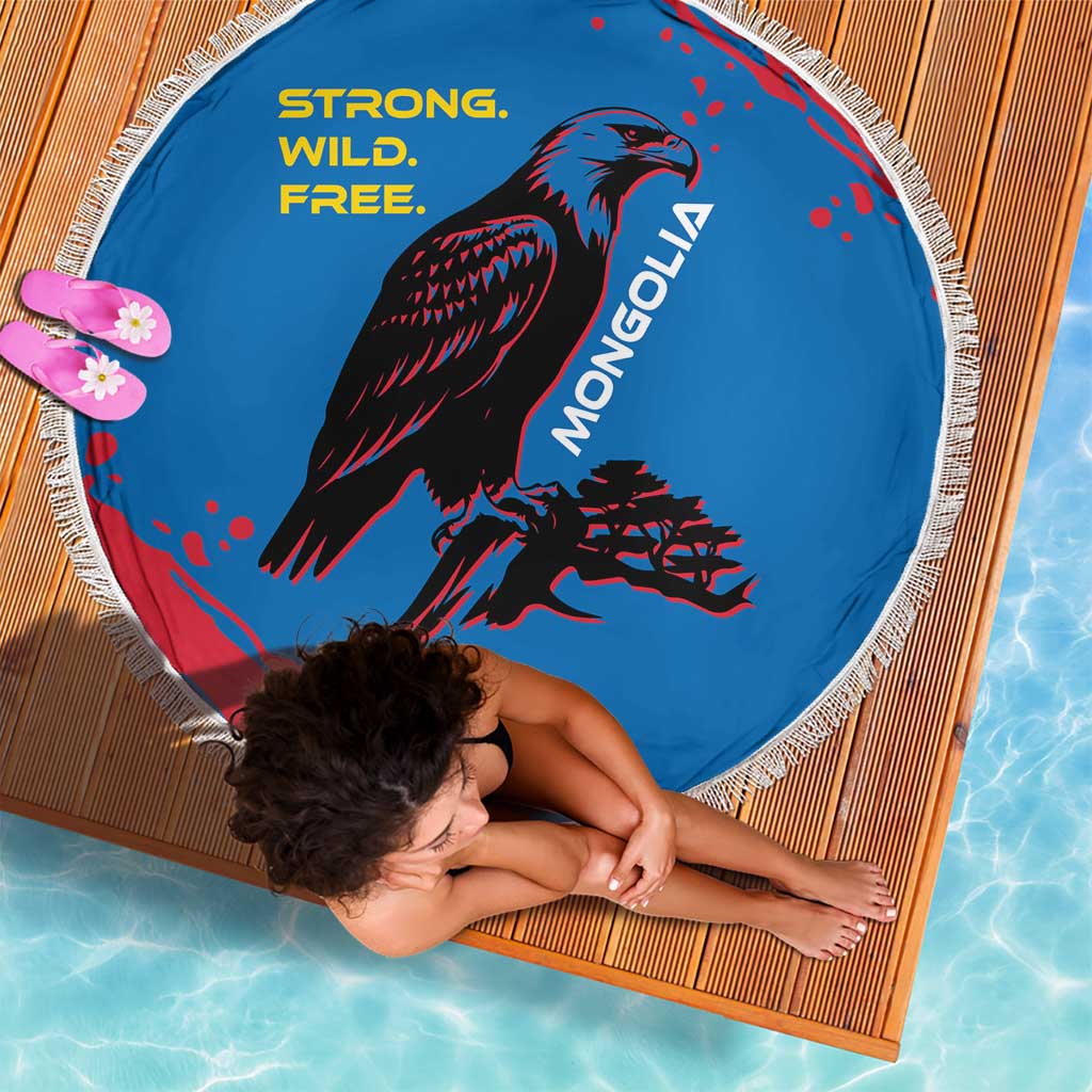 Mongolia Beach Blanket with Eagle Strong Wild Free Red Blue Brush Spirit