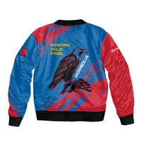 Bomber jacket back with blue/red panels and large eagle graphic, ribbed hem and cuffs.