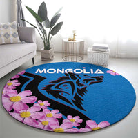Mongolia Round Carpet with Floral Wolf Pink Blossom Blue Sky Spirit