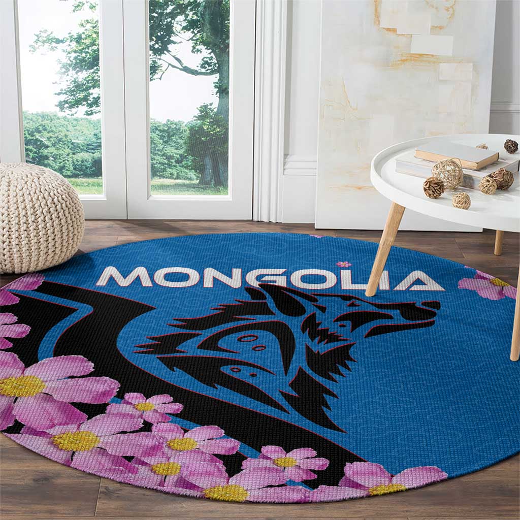 Mongolia Round Carpet with Floral Wolf Pink Blossom Blue Sky Spirit