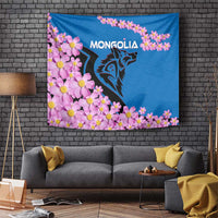 Blue tapestry with pink blossoms, dark wolf head, and 'MONGOLIA' lettering