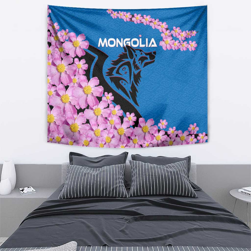 Wall tapestry: blue field with pink flowers and dark wolf face near 'MONGOLIA' text