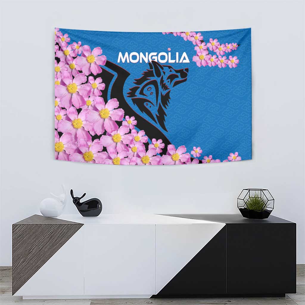 Blue fabric tapestry with pink blossom border, dark wolf head, and 'MONGOLIA' in white