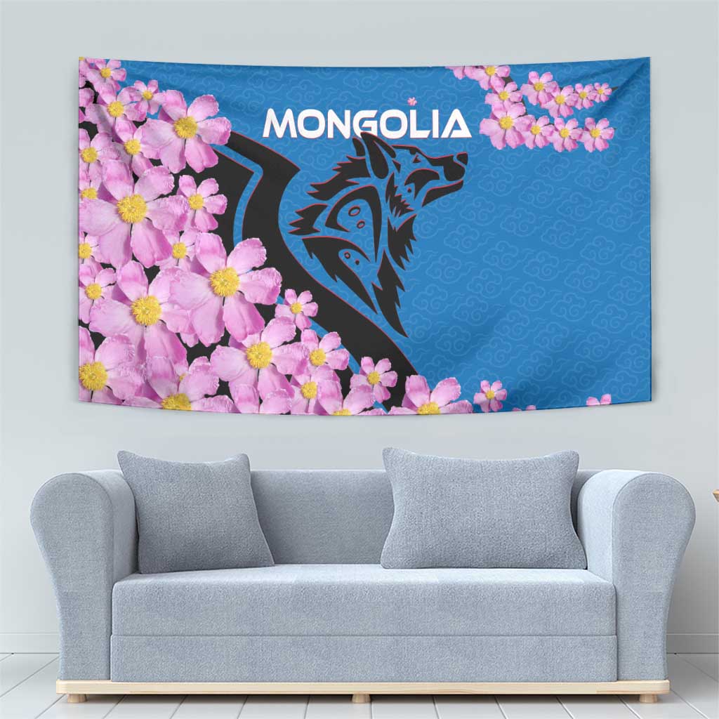 Blue tapestry featuring pink flowers, dark wolf face, and 'MONGOLIA' title at top