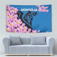 Blue tapestry featuring pink flowers, dark wolf face, and 'MONGOLIA' title at top