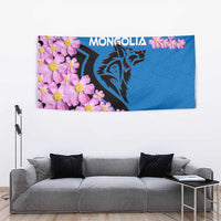 Blue tapestry with dense pink blossoms, dark wolf graphic, and 'MONGOLIA' text across top