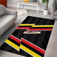 Belgium area rug with black lightning stripe pattern, red and yellow bands, BELGIUM lettering