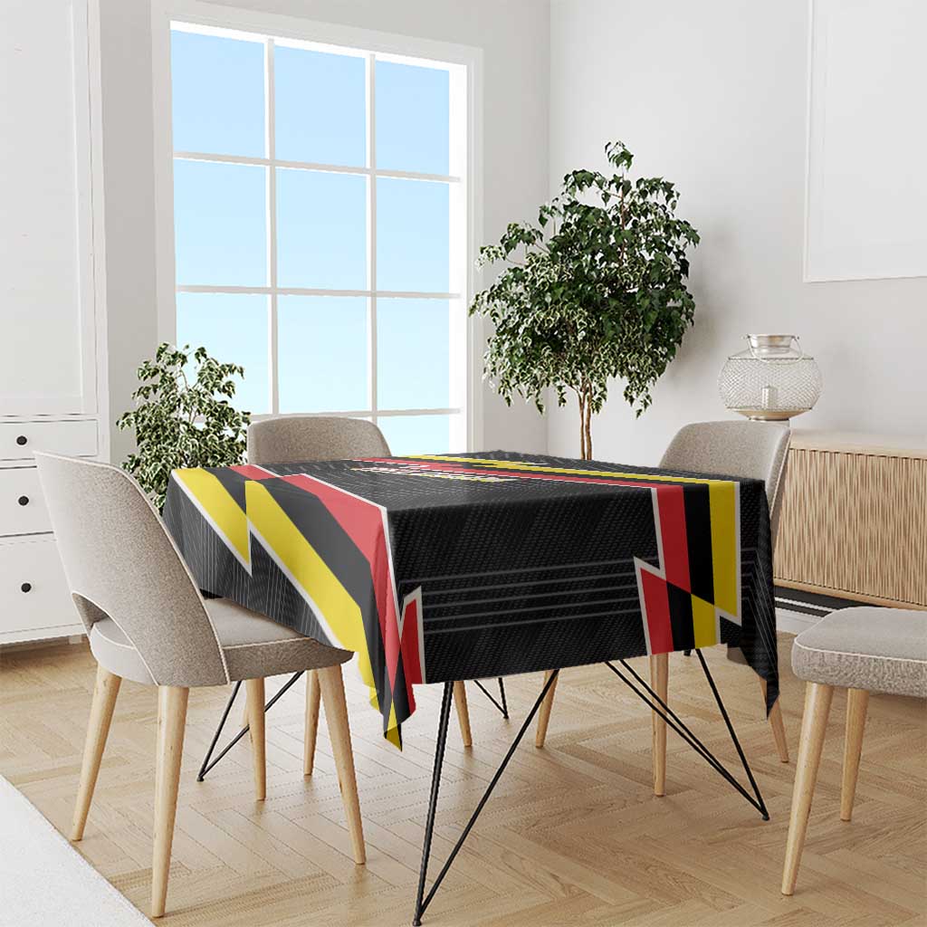Belgium tablecloth draped on rectangular dining table with flag lightning stripes