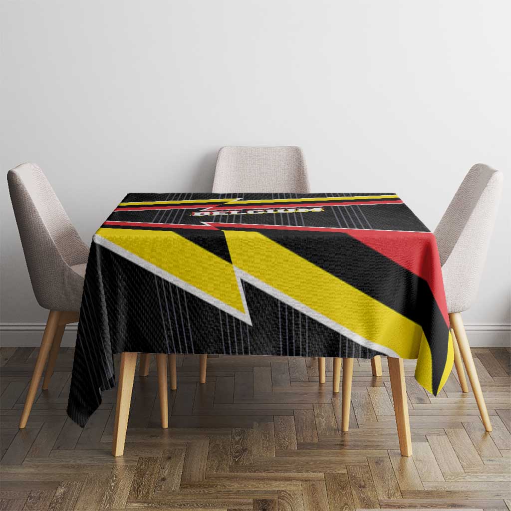 Belgium tablecloth covering dining table with black, red, and yellow lightning stripe trim