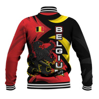 Multicolor baseball jacket back with lion crest, Belgian flag patch, striped ribbed hem