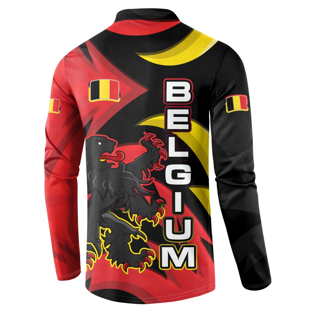Belgium Button Sweatshirt with Black Red Lion Crest Flag Flame Spirit