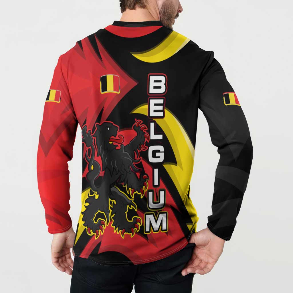 Belgium Button Sweatshirt with Black Red Lion Crest Flag Flame Spirit