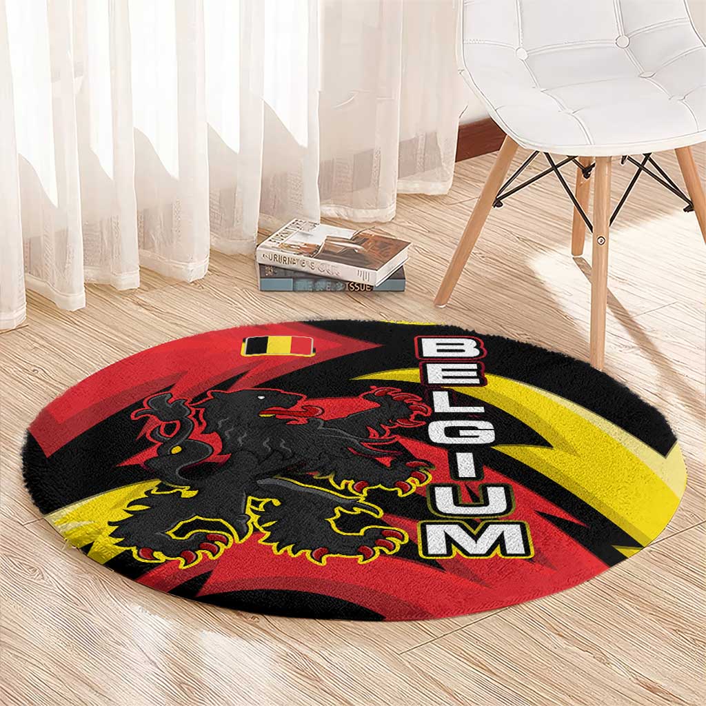 Belgium Round Carpet with Black Red Lion Crest Flag Flame Spirit