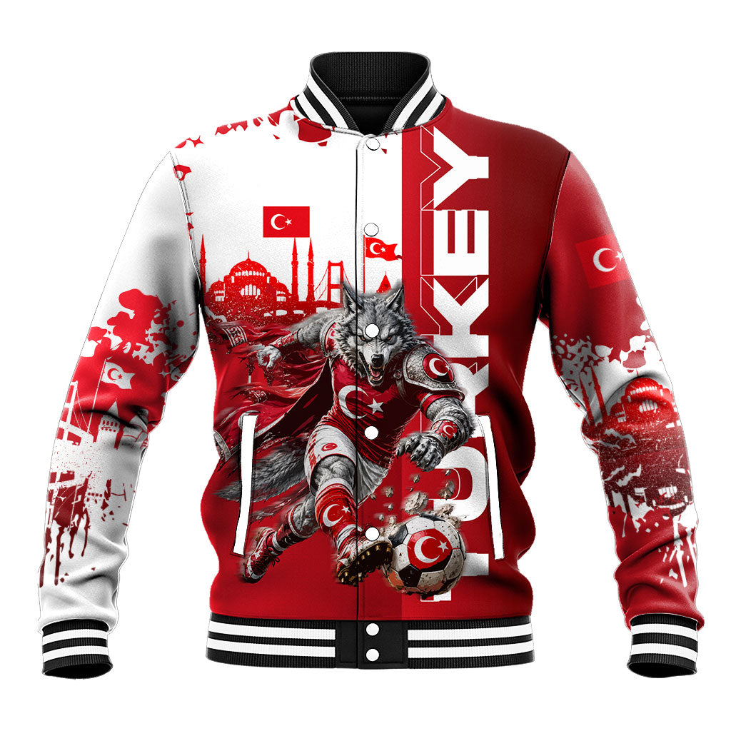 Personalized Turkey Football Baseball Jacket Turkish Flag Grey Wolf Skyline
