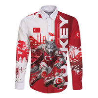 Personalized Turkey Football Long Sleeve Button Shirt Turkish Flag Grey Wolf Skyline