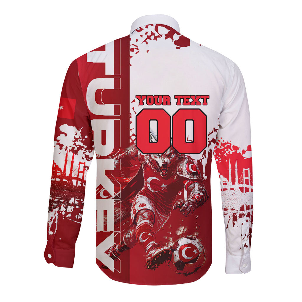 Personalized Turkey Football Long Sleeve Button Shirt Turkish Flag Grey Wolf Skyline