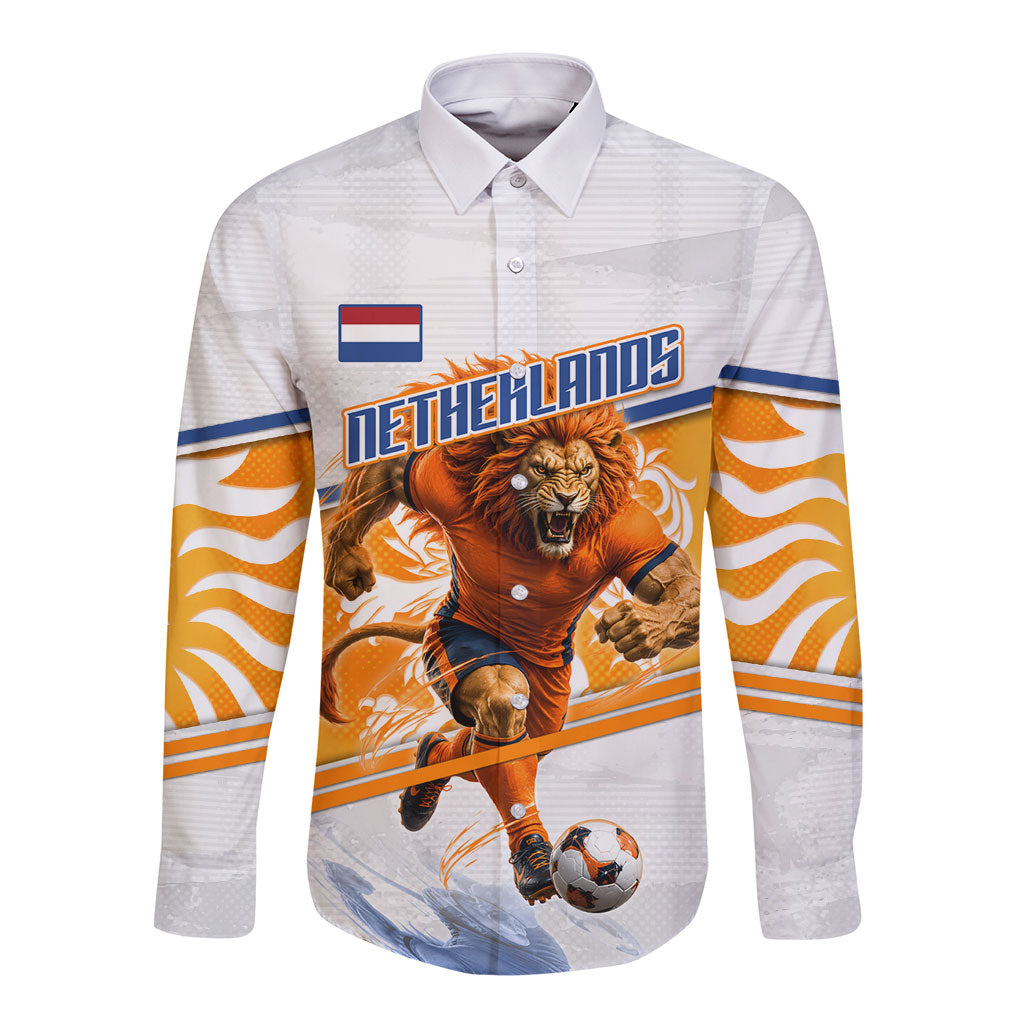 Personalized Netherlands Football Long Sleeve Button Shirt Dutch Lion Heritage Mascot Flame Swirl