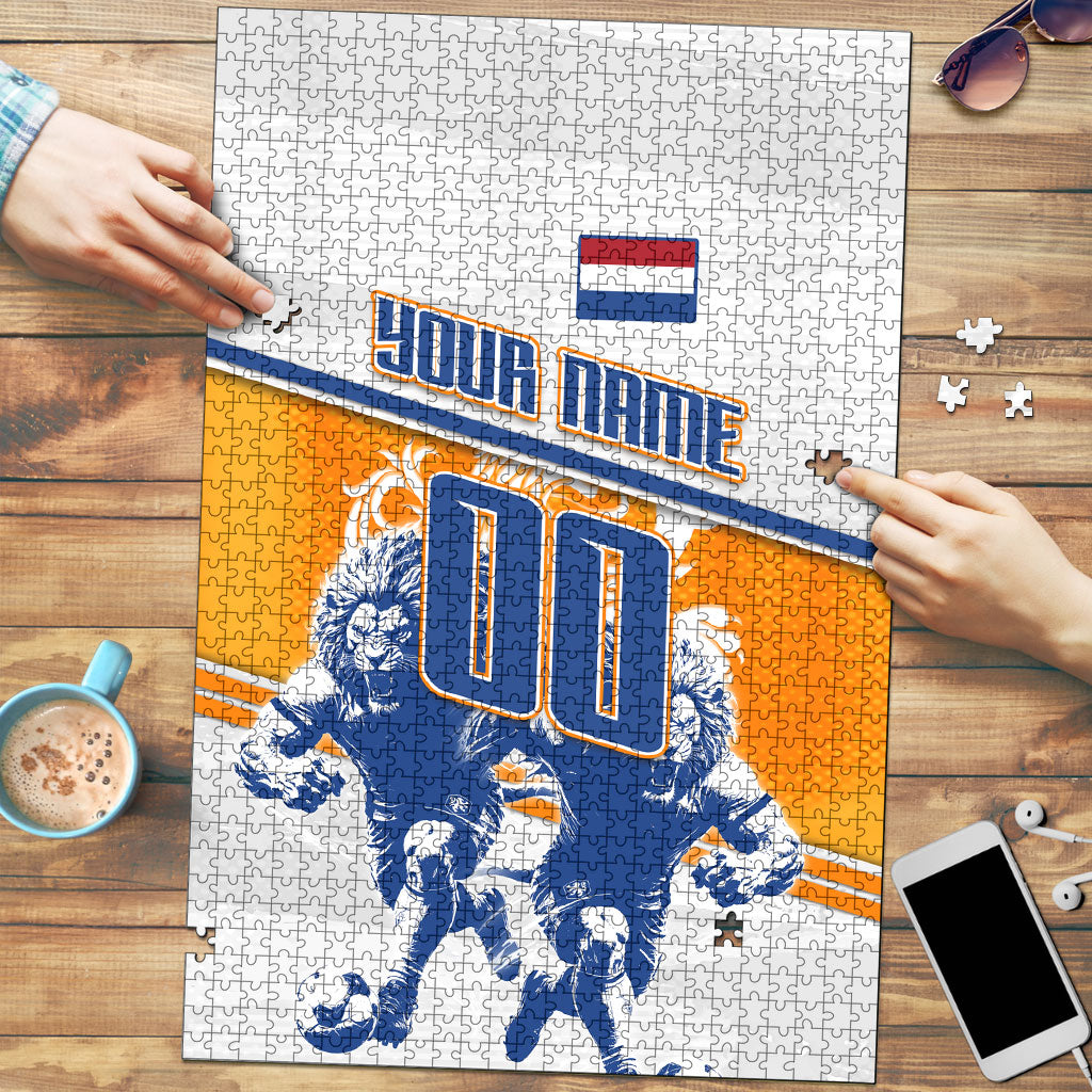 Personalized Netherlands Football Puzzle Dutch Lion Heritage Mascot Flame Swirl