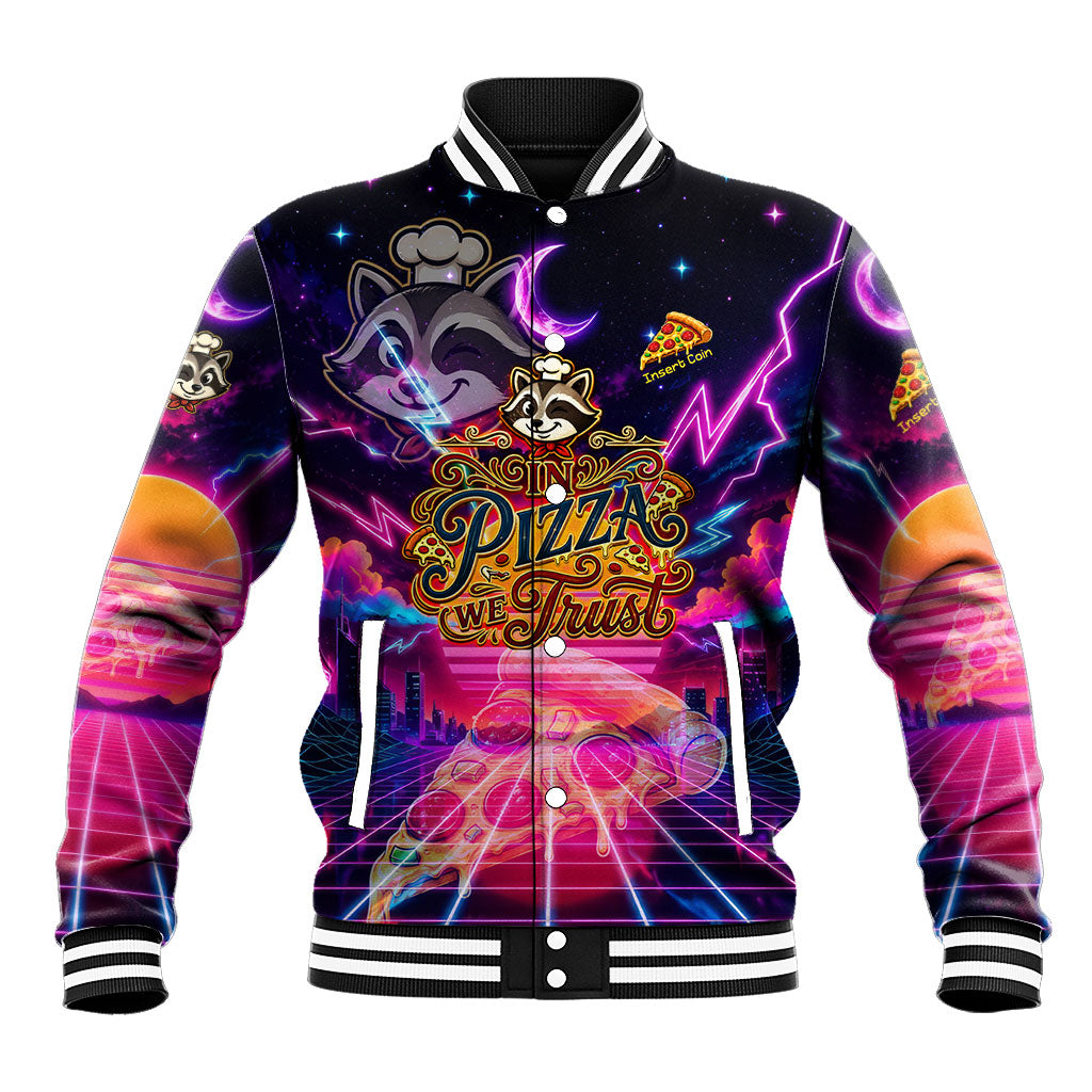 Retro Raccoon Eating Pizza Baseball Jacket 80s Synthwave Pizza Arcade Neon Gaming Aesthetic