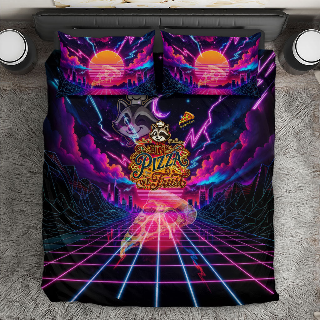 Retro Raccoon Eating Pizza Bedding Set 80s Synthwave Pizza Arcade Neon Gaming Aesthetic