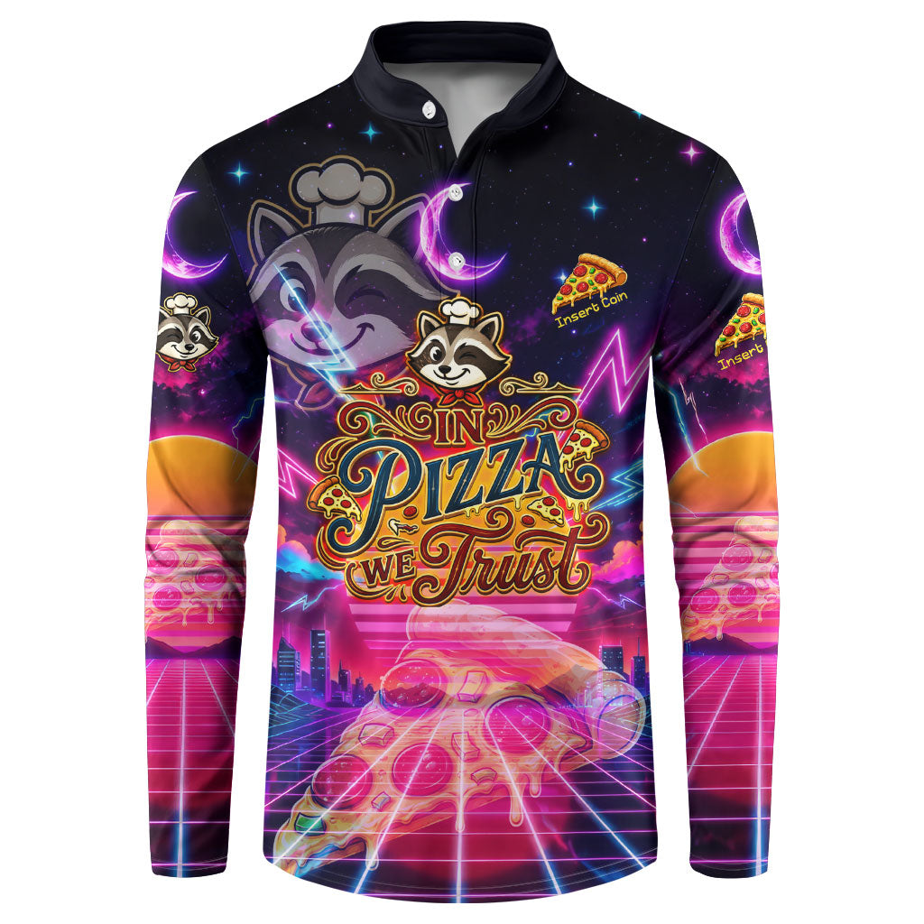 Retro Raccoon Eating Pizza Button Sweatshirt 80s Synthwave Pizza Arcade Neon Gaming Aesthetic