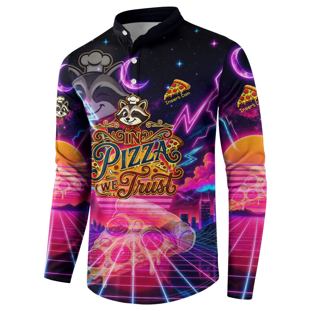 Retro Raccoon Eating Pizza Button Sweatshirt 80s Synthwave Pizza Arcade Neon Gaming Aesthetic