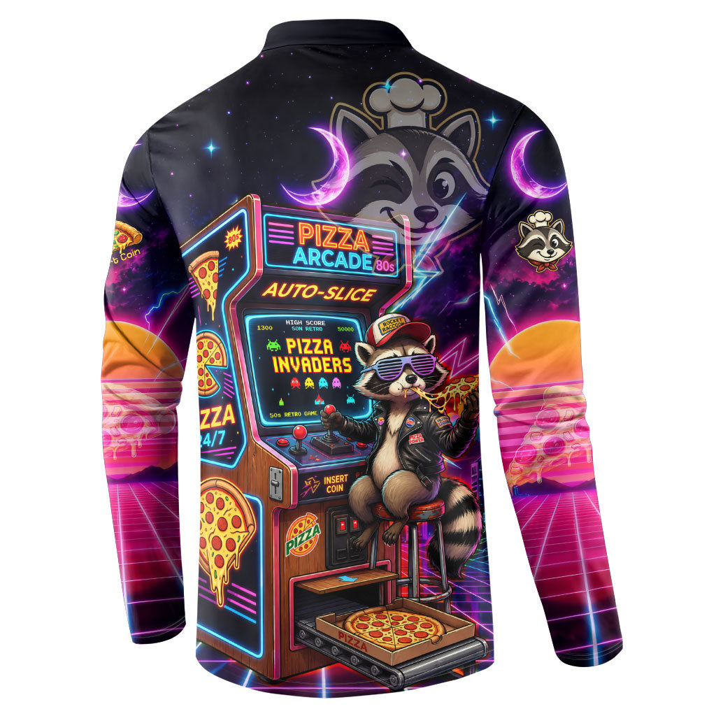 Retro Raccoon Eating Pizza Button Sweatshirt 80s Synthwave Pizza Arcade Neon Gaming Aesthetic