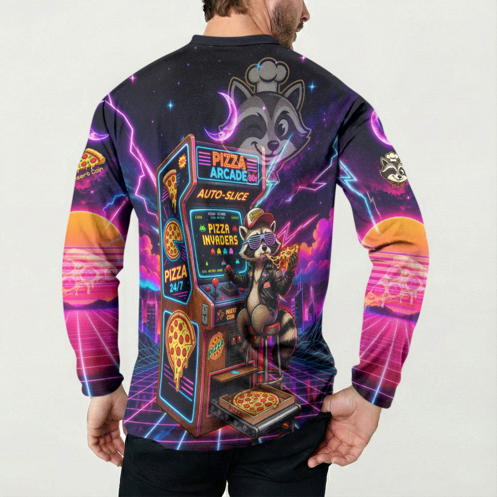 Retro Raccoon Eating Pizza Button Sweatshirt 80s Synthwave Pizza Arcade Neon Gaming Aesthetic
