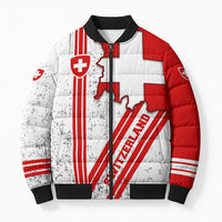 Switzerland Flag Bomber Puffer Jacket Swiss Map Red-White Distressed - Wonder Print Shop