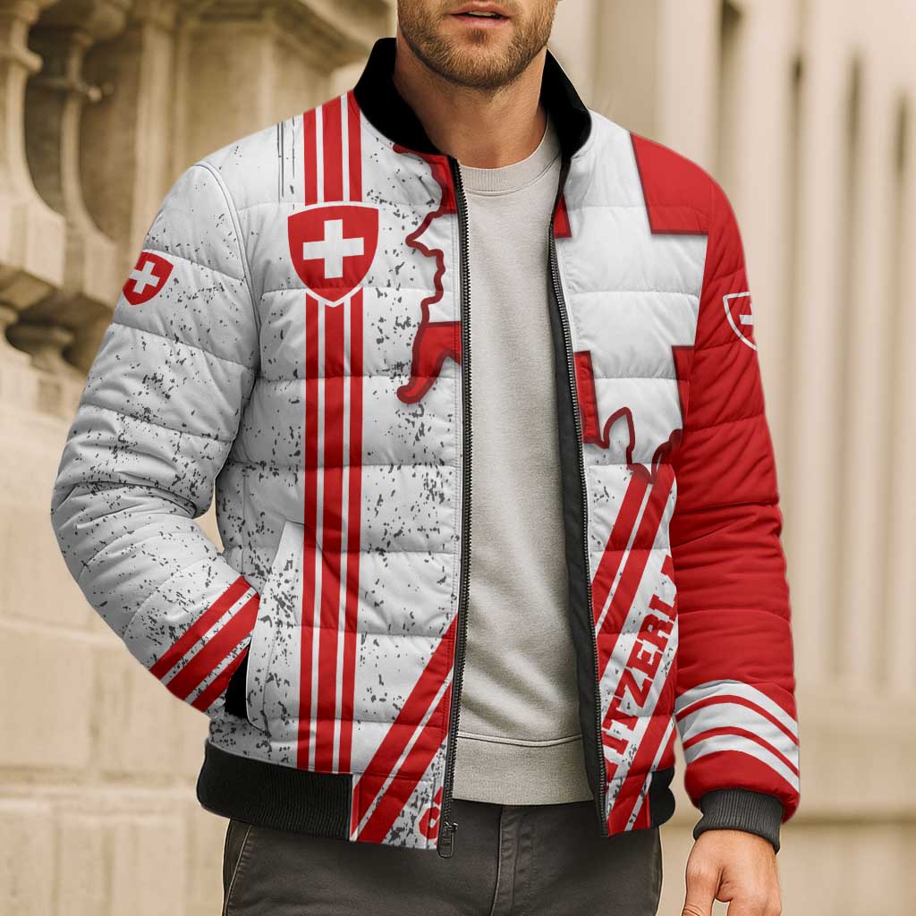 Switzerland Flag Bomber Puffer Jacket Swiss Map Red-White Distressed - Wonder Print Shop