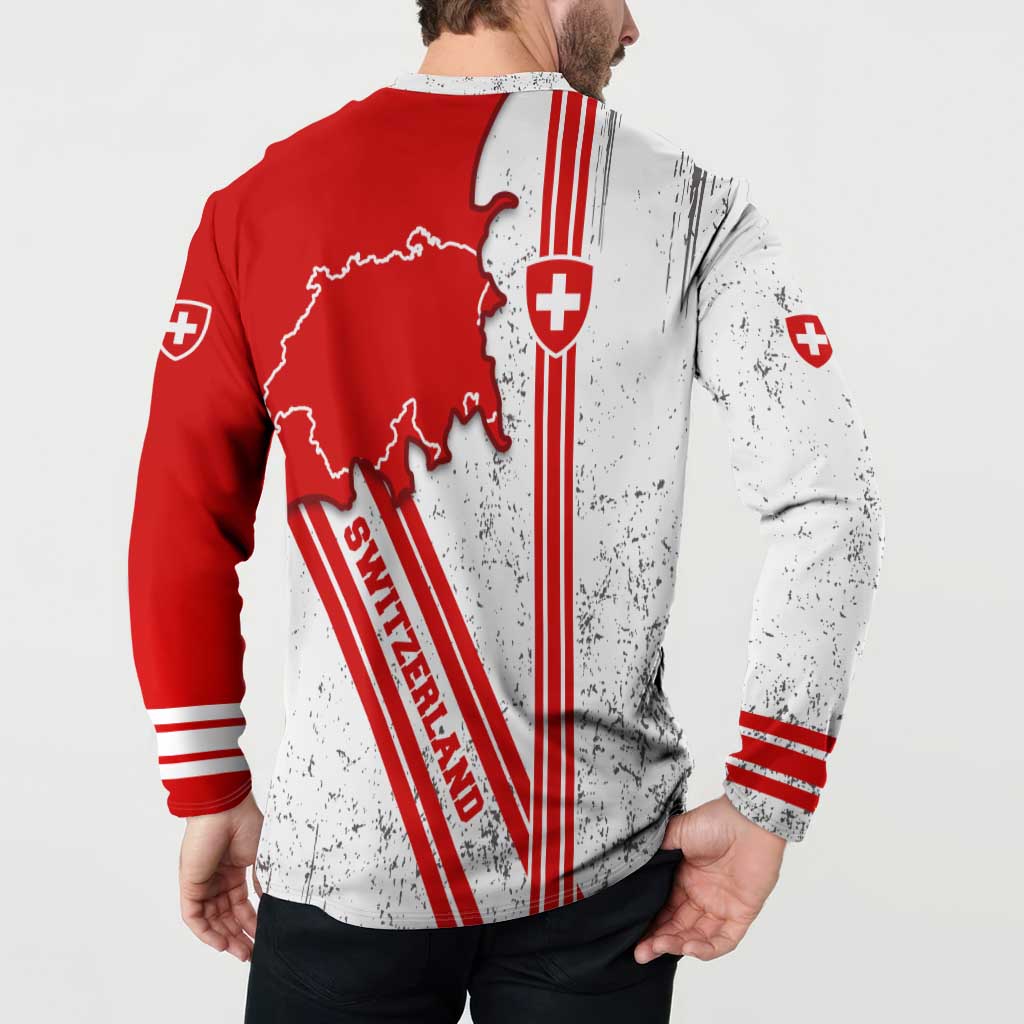 Switzerland Flag Button Sweatshirt Swiss Map Red-White Distressed - Wonder Print Shop