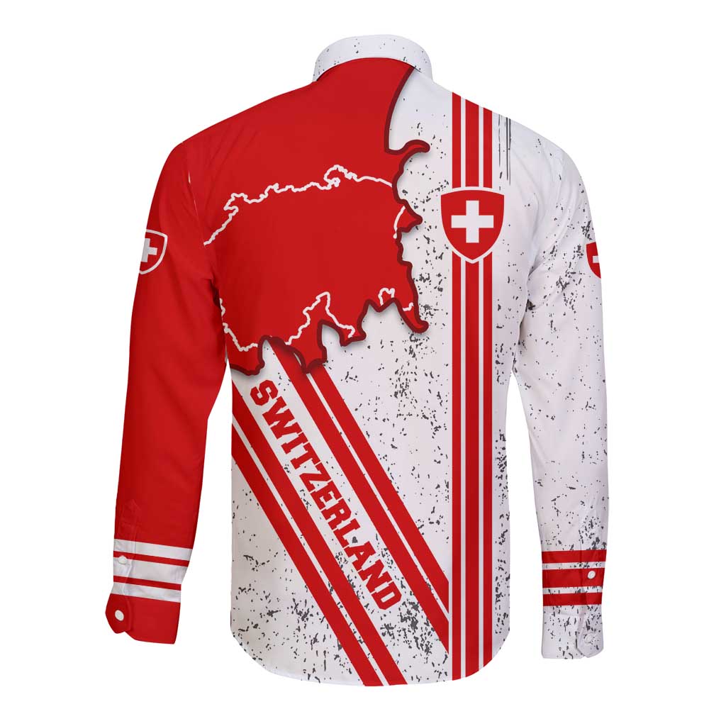 Switzerland Flag Long Sleeve Button Shirt Swiss Map Red-White Distressed - Wonder Print Shop