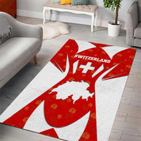 Red and white Switzerland flag area rug with floral accents and Swiss crest, long view