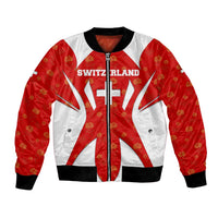 Red and white bomber jacket with Switzerland text, white cross, floral pattern, front zipper
