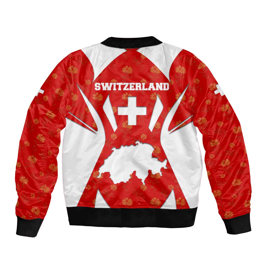 Red and white bomber jacket back view with Switzerland text, white cross, floral pattern
