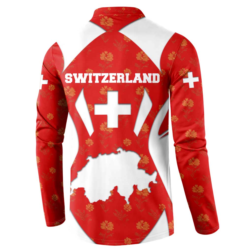 Switzerland Flag Button Sweatshirt with Floral Pattern Red and White Sportswear - Wonder Print Shop