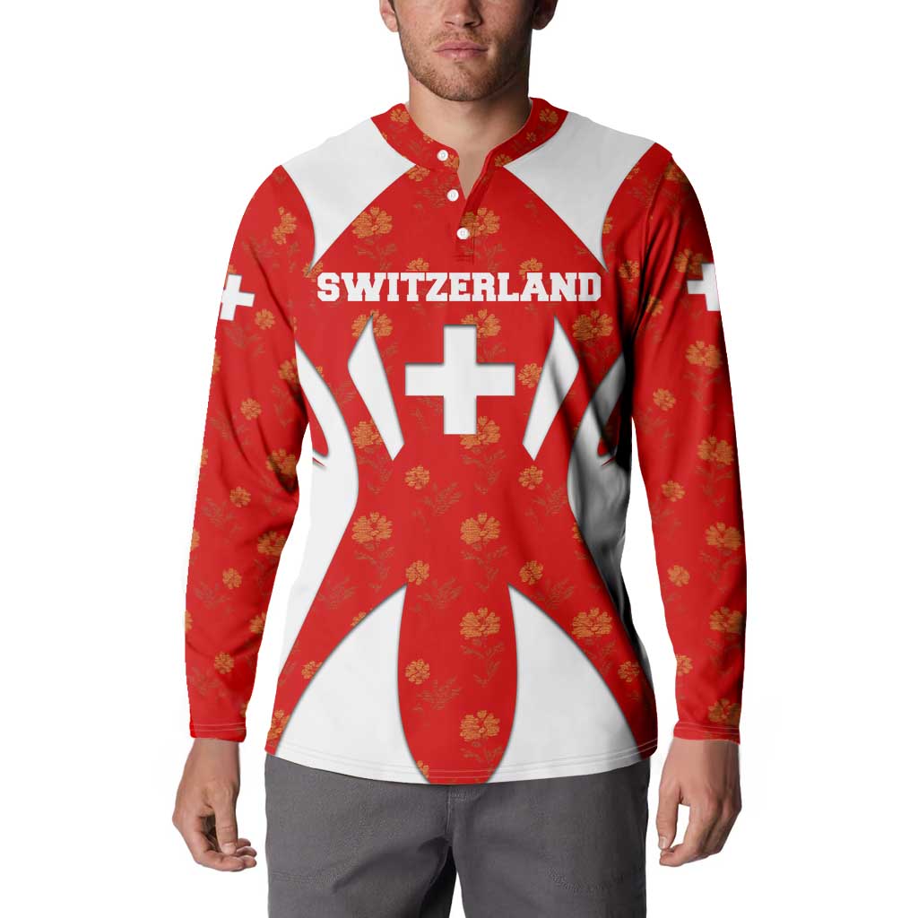 Switzerland Flag Button Sweatshirt with Floral Pattern Red and White Sportswear - Wonder Print Shop