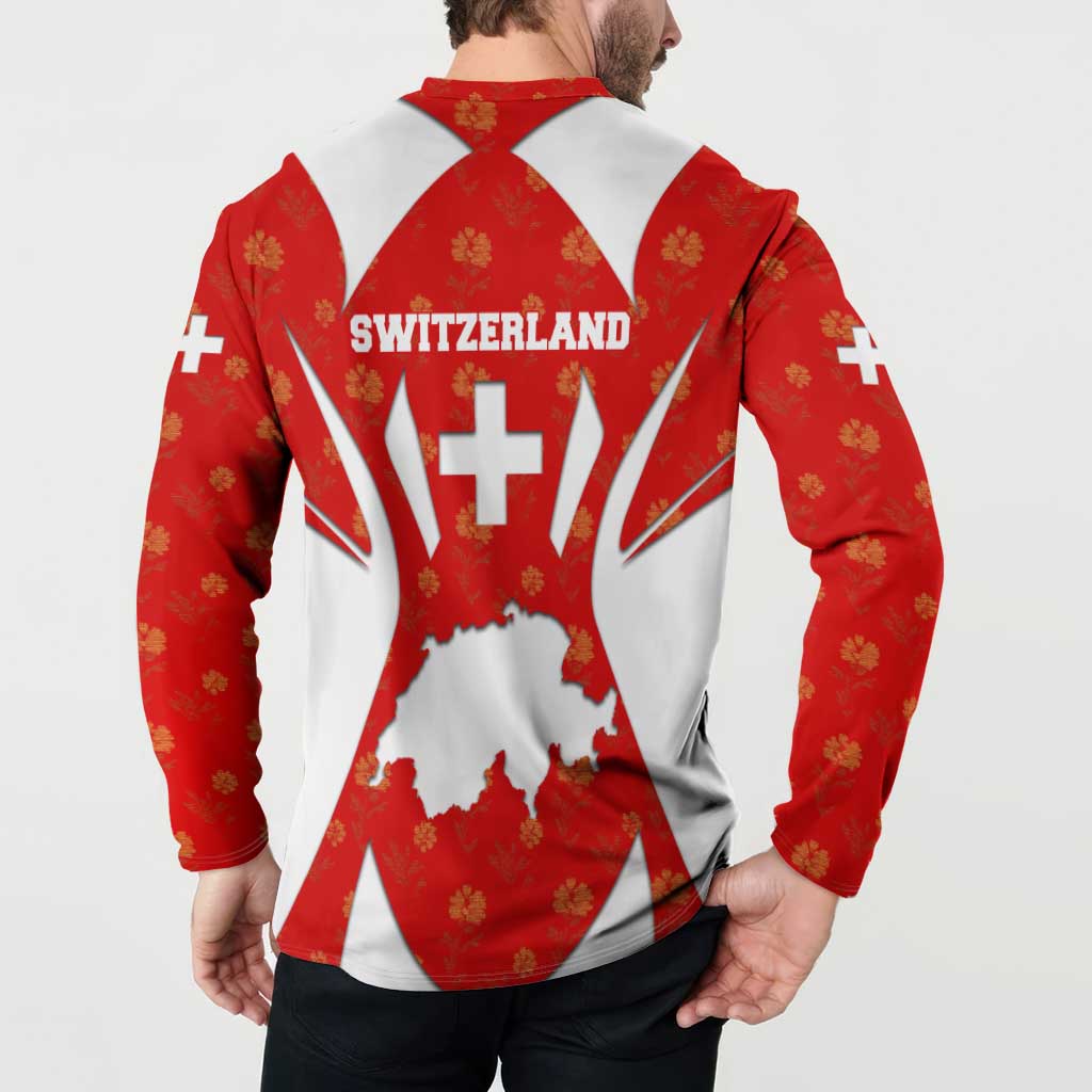 Switzerland Flag Button Sweatshirt with Floral Pattern Red and White Sportswear - Wonder Print Shop